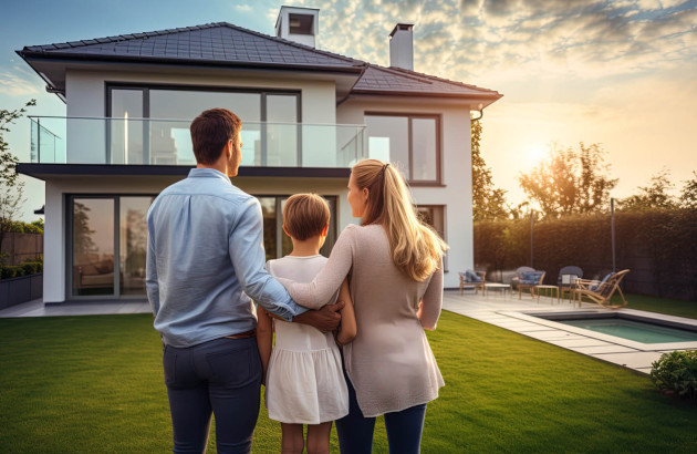 Famille heureuse regardant sa nouvelle maison 