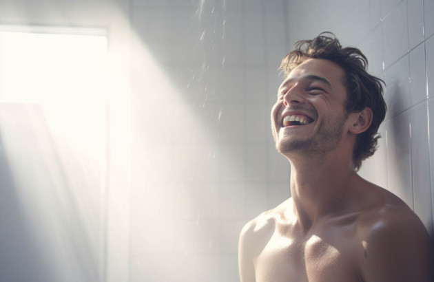 Homme souriant sous sa tête de douche