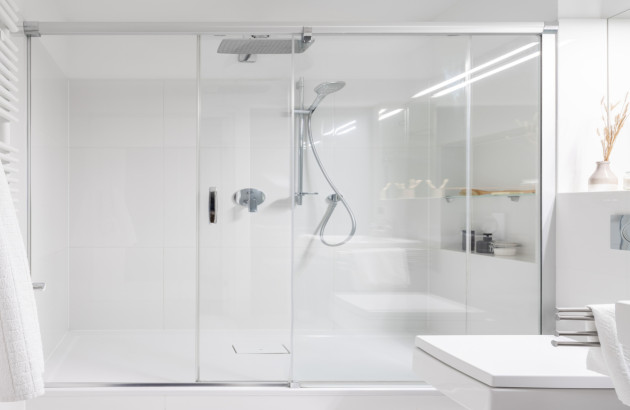 Paroi de douche coulissante dans une salle de bains lumineuse