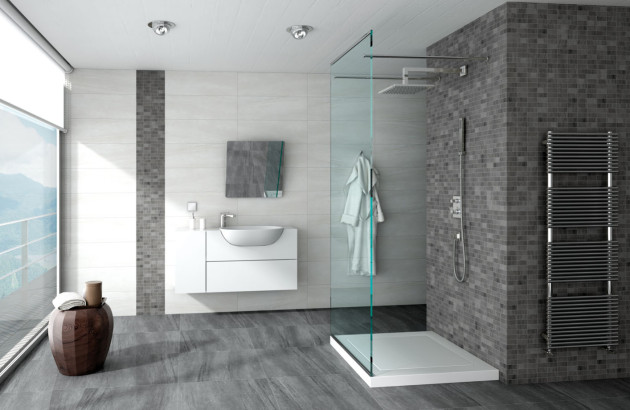Paroi de douche fixe dans une salle de bains sobre et moderne