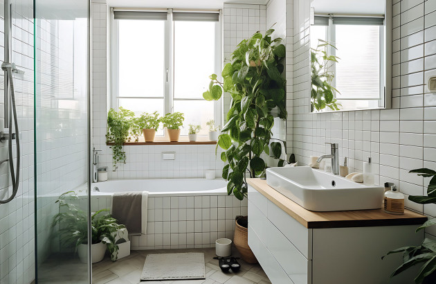 plante volumineuse dans une salle de bain style ancien