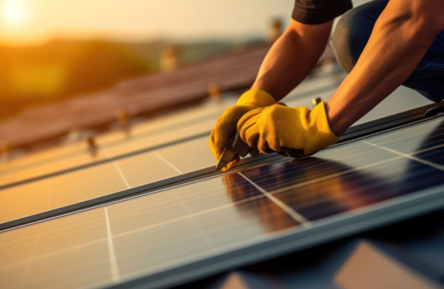 Professionnel en train d'installer des panneaux solaires