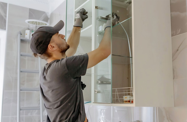 Professionnel en train d'installer un meuble de salle de bains