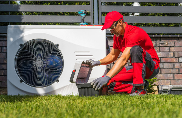Professionnel faisant l'installation d'une pompe à chaleur