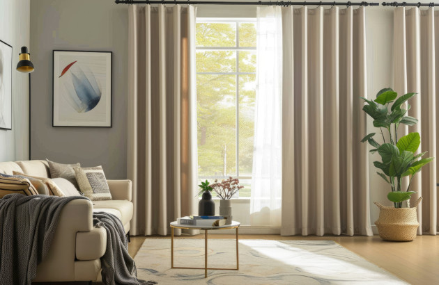 Rideaux thermiques beiges dans un salon