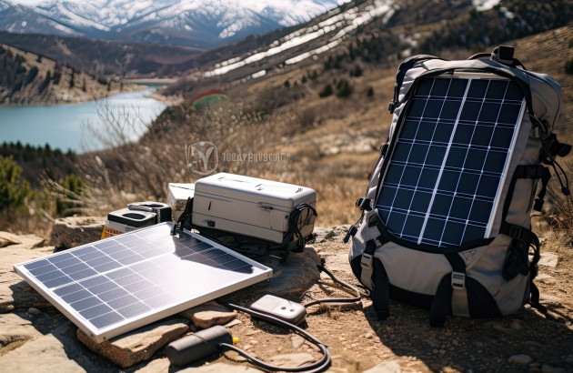 Sac à dos avec un panneau solaire fixé dessus