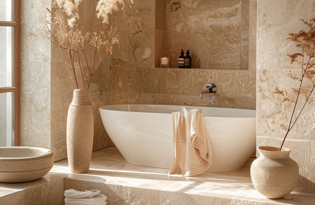 Salle de bain avec baignoire et mur en travertin