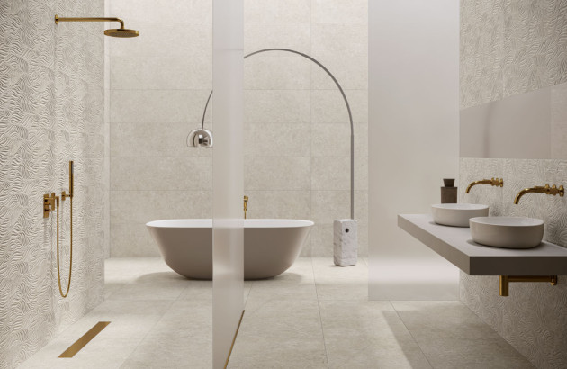 Salle de bain élégante avec carrelage effet pierre et relief 3D