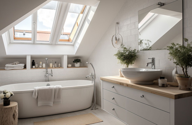 Salle de bains avec baignoire sous les combles