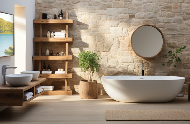 Salle de bains zen beige avec mur en pierre