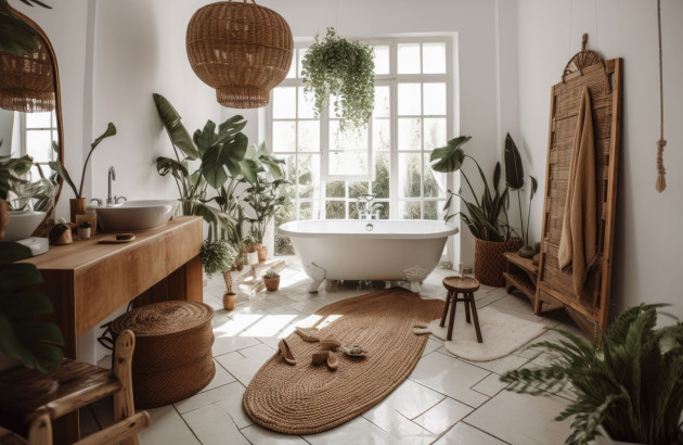 Salle de bains biophilique avec des décorations en rotin