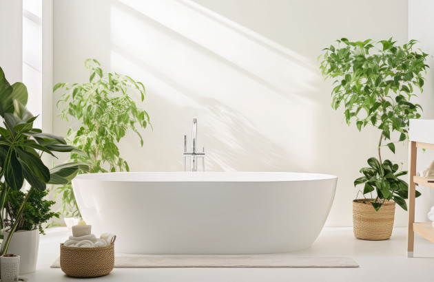 Salle de bain blanche avec baignoire entourée de plantes vertes