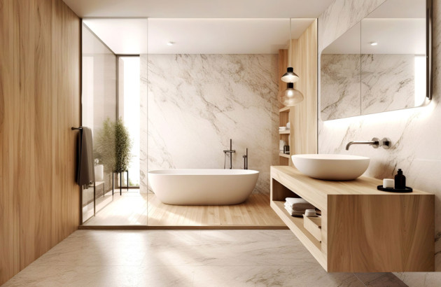 Salle de bains cosy avec des revêtements muraux en bois
