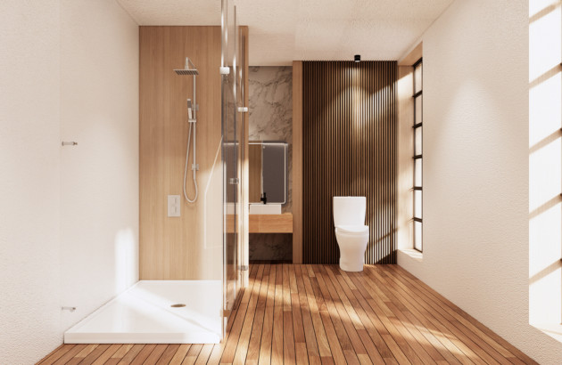 Salle de bains lumineuse avec parquet sur le sol et les murs