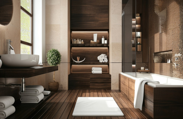Salle de bains luxueuse avec parquet et bois sur les murs