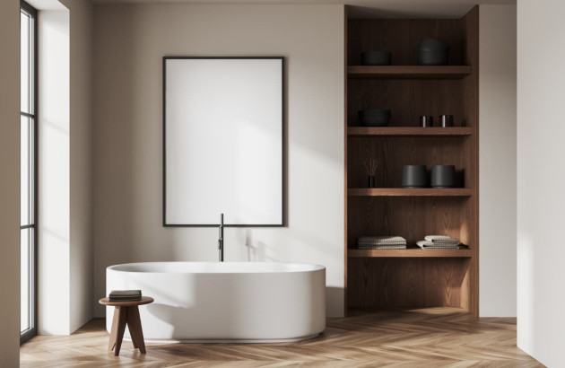 Salle de bains moderne en bois avec rangement encastrables