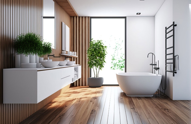 Salle de bains moderne et lumineuse avec parquet flottant