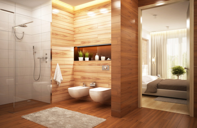 Salle de bains avec parquet flottant sur les murs et le sol