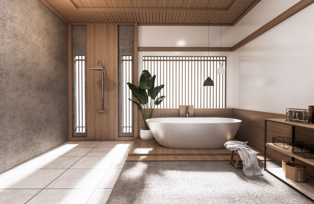 Salle de bains zen avec revêtement en bois