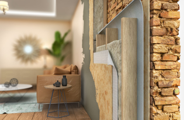 Travaux d'isolation dans un salon avec murs en briques