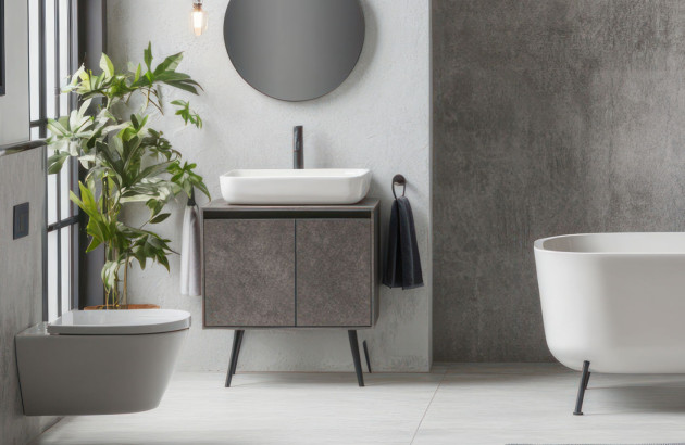 WC moderne dans une salle de bain minimaliste avec tuyaux dissimulés