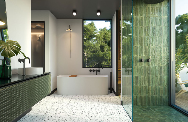 Zellige vert dans une salle de bains moderne