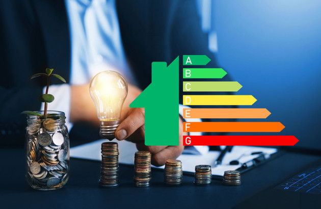 Homme qui tient une ampoule au dessus d'une pile de pièces de monnaie avec le diagramme de performance énergétique 