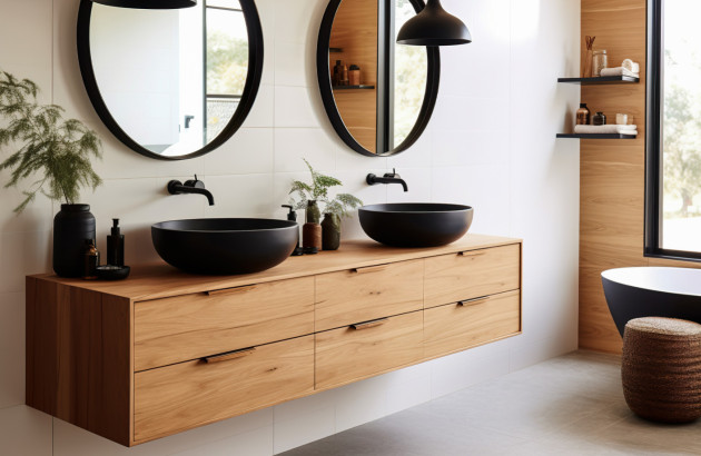 Meuble en bois double vasque dans une salle de bains moderne