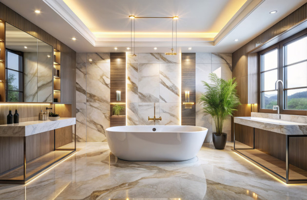 Salle de bains moderne et luxueuse avec beaucoup d'éclairages