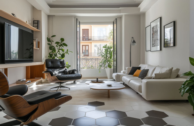 Salon d'appartement équipé de carrelage hexagonal