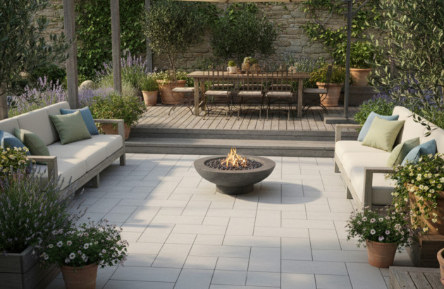 Terrasse bois avec un rectangle de carrelage 