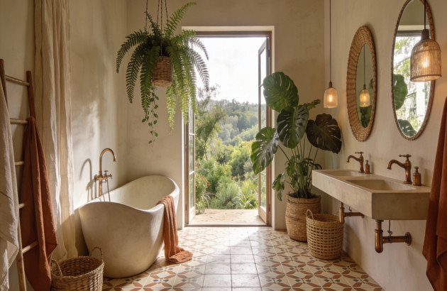 Salle de bains bohème chic plantes vertes en décoration 