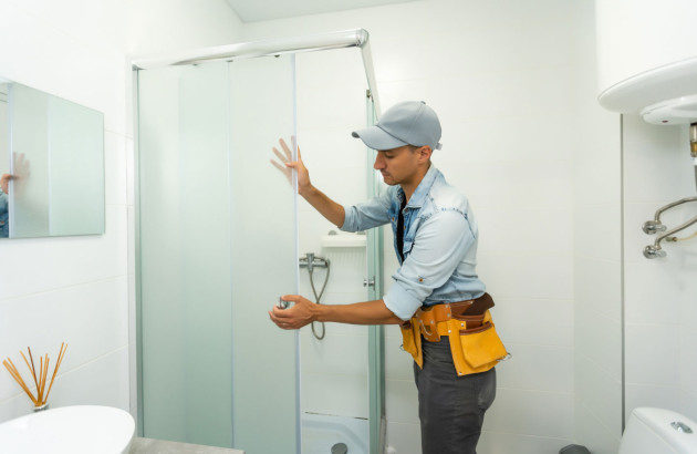 Installateur qui pose installe une cabine de douche chez un particulier