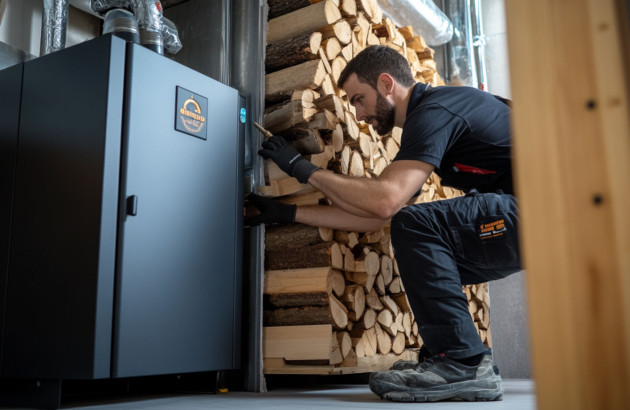 Artisan qui installe une chaudière à bûches