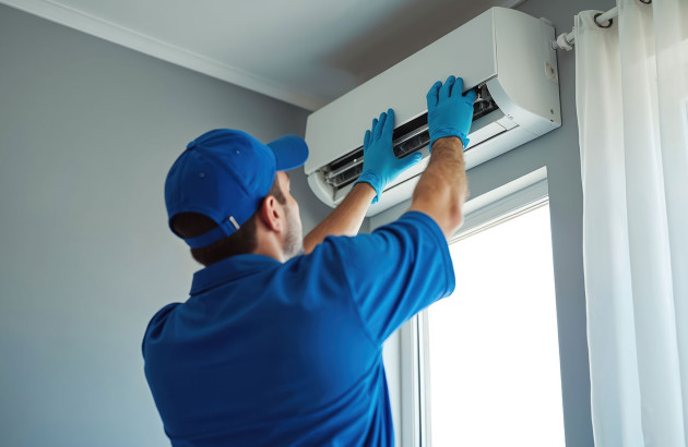 technicien en train d’installer ou d’entretenir une climatisation murale dans une pièce lumineuse
