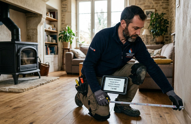 Homme artisan chauffagiste qui mesure du vide dans une maison avec un poêle à bois avec un mètre et une tablette qui affiche un calcul de puissance pour un volume donné