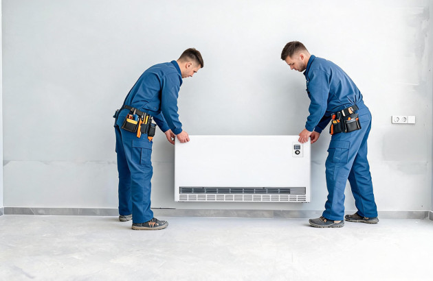 Deux hommes artisans qui installent un radiateur à accumulation sur un mur