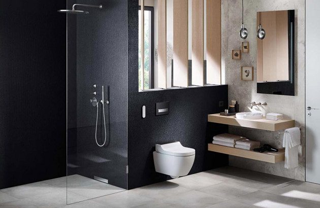 Douche à l'italienne noire dans salle de bain design