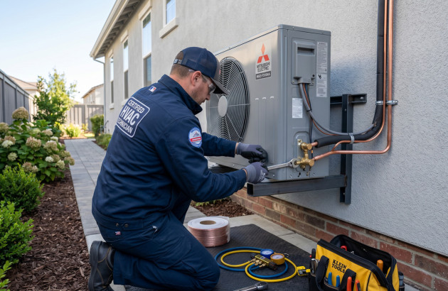 Technicien qui installe une unité extérieure de pompe à chaleur air-air