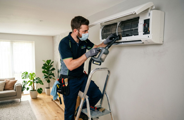 Professionnel réalisant l’entretien et le nettoyage des filtres d’une climatisation monosplit murale.