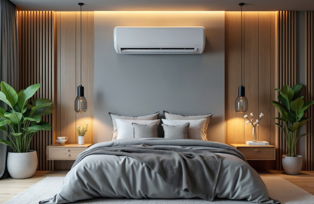 Chambre moderne avec climatisation split murale et ambiance chaleureuse et apaisante.