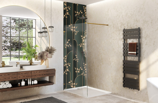 Paroi de douche dorée très discrète dans une salle de bains 