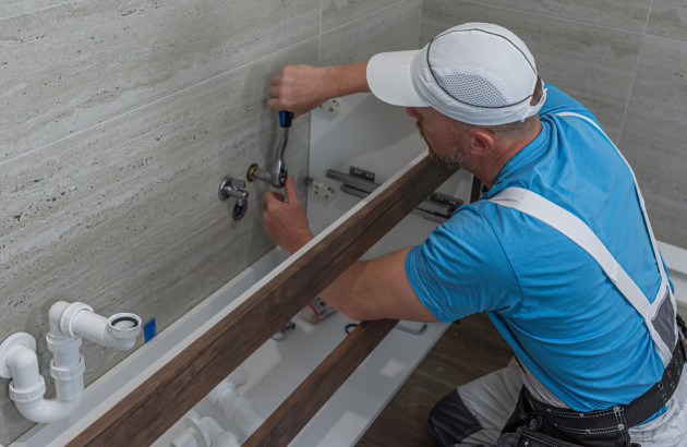 Installation d’un meuble de salle de bains : artisan réglant la robinetterie et les raccordements.