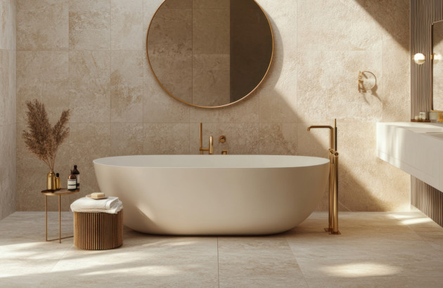 Salle de bains avec baignoire îlot et du carrelage beige