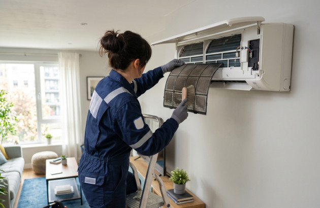 Professionnelle réalisant l’entretien et le nettoyage d’une unité intérieure de climatisation.