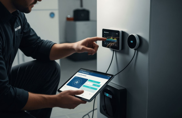 Homme qui utilise une tablette pour se brancher à l'installation OpenTherm