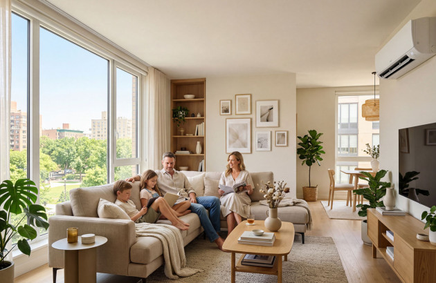 Famille profitant d’un appartement climatisé pendant les fortes chaleurs estivales