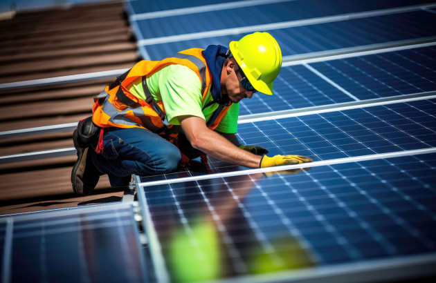 Artisan qui installe des panneaux solaires sur un toit