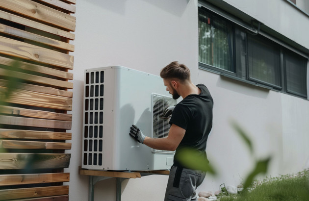  technicien installant une pompe à chaleur air-air à l’extérieur d’un bâtiment