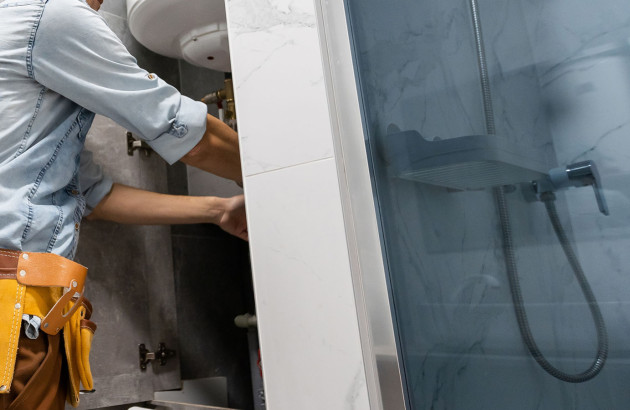 Artisan qui installe un système de recyclage d'eau de douche